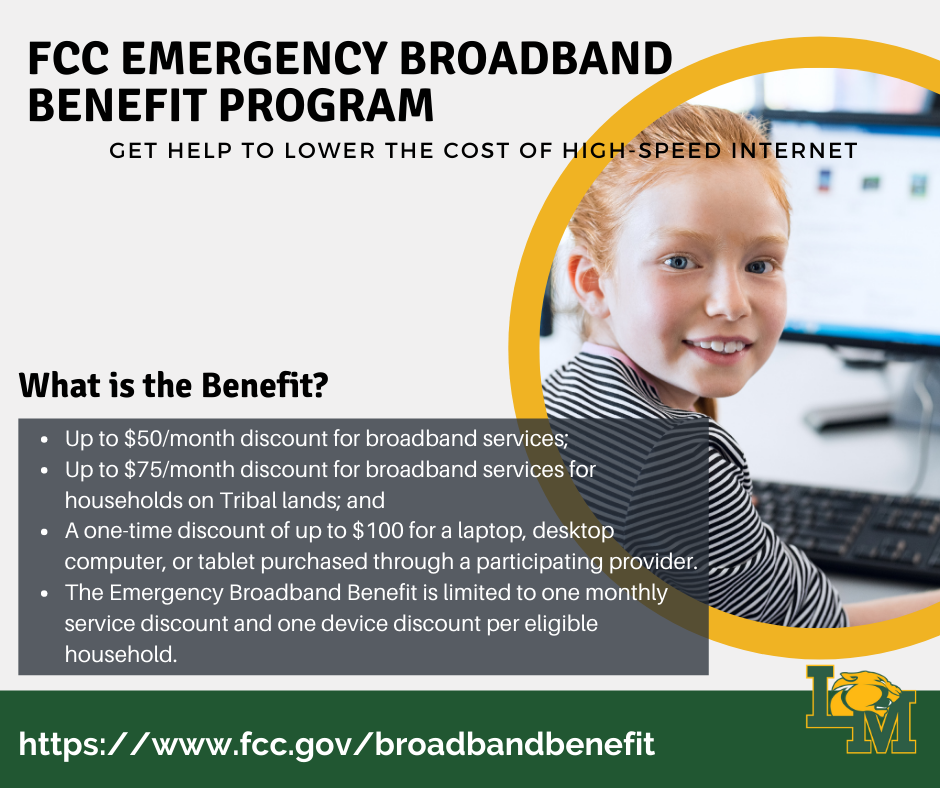 FCC Emergency Broadband Benefit Program information with girl on computer